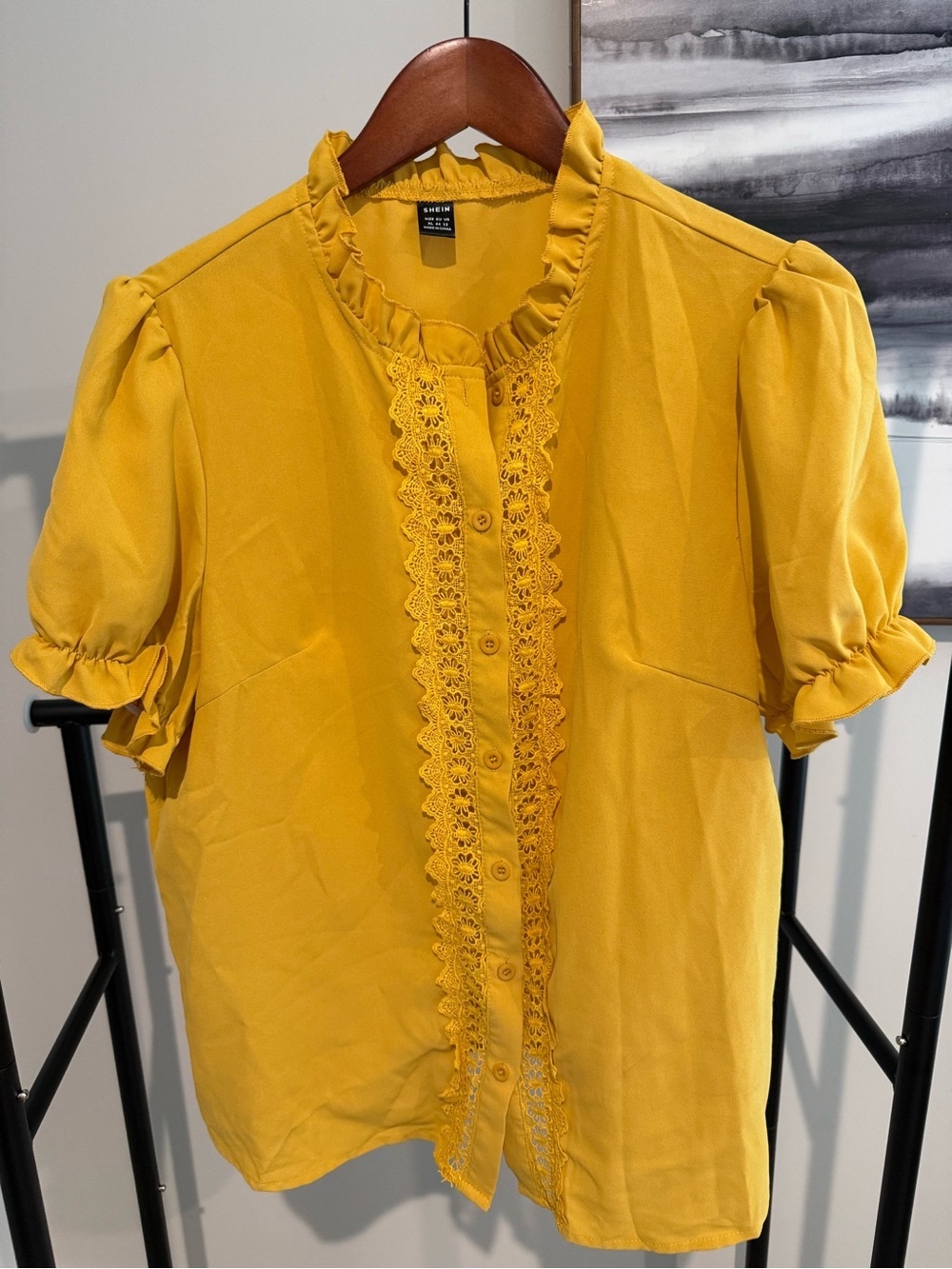 SHEIN Mustard Yellow Ruffle Lace-Trim Puff Sleeve Blouse